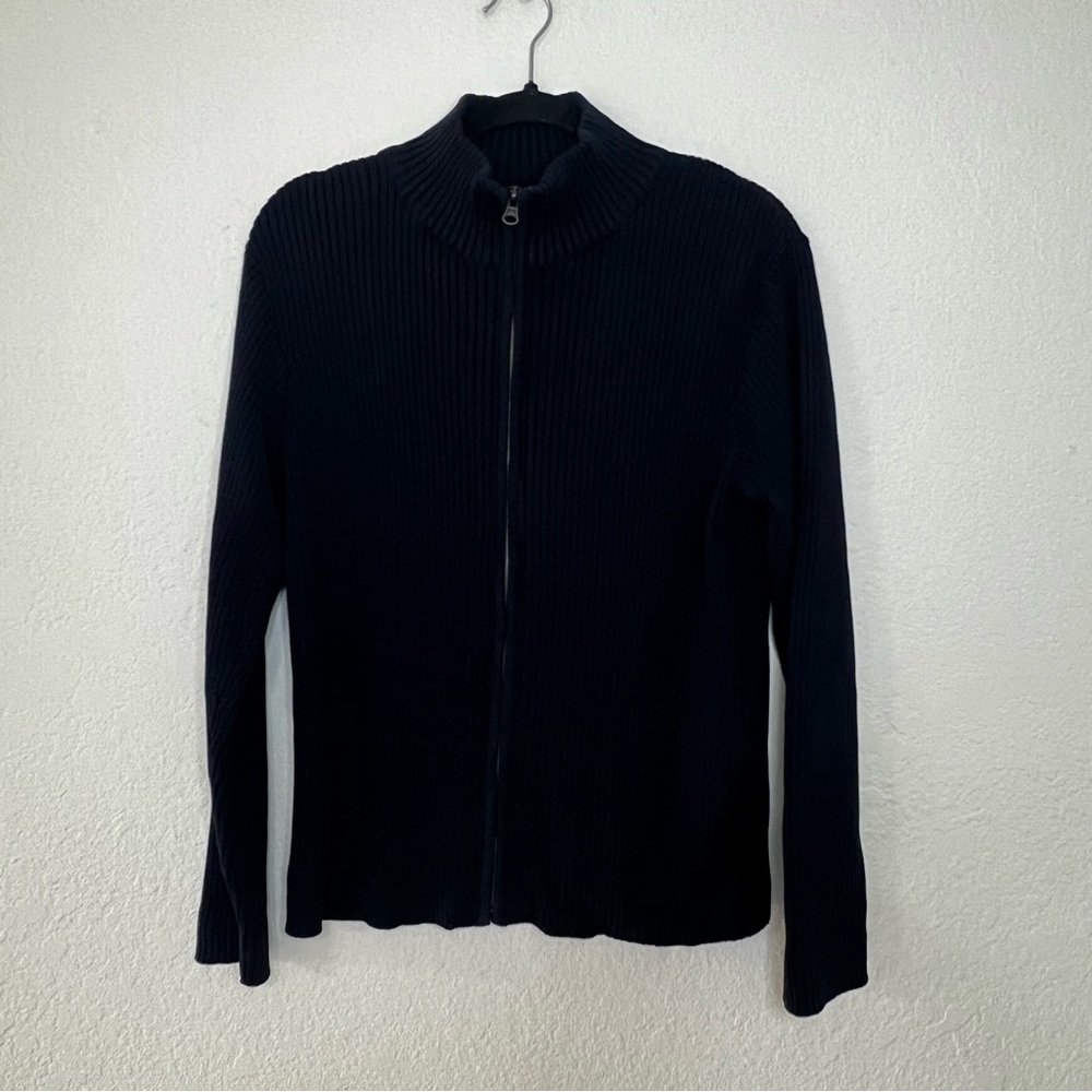 Chico's Navy Blue Full Zip Cotton Ribbed Cable Knit Sweater Womens Size‎ Large 2